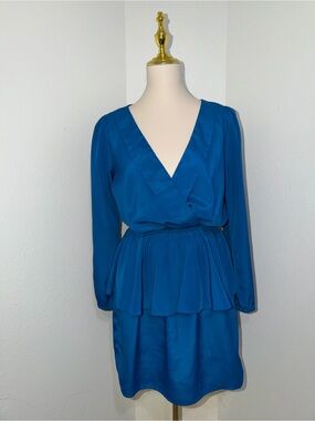 Blue Long-Sleeve V-Neck Peplum Dress